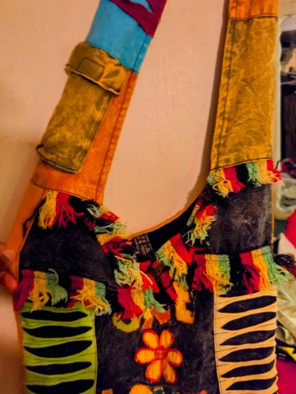 One Love Handmade Denim Hobo Crossbody Bag Patchwork Distressed Fringe Tote